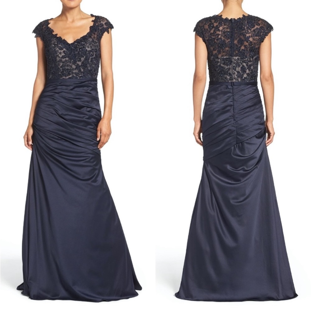 NWT LA FEMME Navy Corded LACE & Satin MERMAID Evening Dress GOWN 4